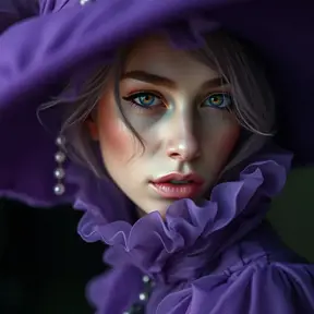 Matte portrait of a mysterious kiki the witch in purple, Intricate, Half Body, Realistic, Sharp Focus, Volumetric Lighting, Elegant by Stefan Kostic