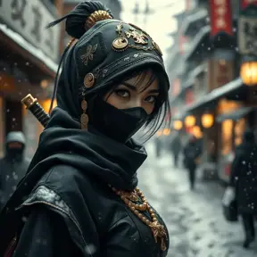 A mysterious beautiful black and gold kunoichi ninja wearing eyeliner and jewelery in the streets of a dark snowy town in tokyo, fluid motion, Intricate, Half Body, Realistic, Sharp Focus, Volumetric Lighting, Elegant