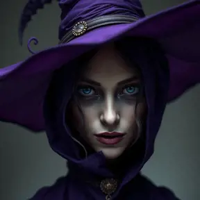 Matte portrait of a mysterious kiki the witch in purple, Intricate, Half Body, Realistic, Sharp Focus, Volumetric Lighting, Elegant by Stefan Kostic