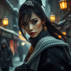 A mysterious beautiful kunoichi ninja wearing eyeliner and gold jewelry in the streets of a dark snowy town in moscow, fluid motion, Intricate, Half Body, Realistic, Sharp Focus, Volumetric Lighting, Elegant