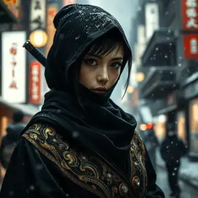 Matte portrait of a mysterious beautiful kunoichi ninja in black and gold wearing eyeliner in the streets of a dark snowy town in tokyo, fluid motion, Intricate, Half Body, Realistic, Sharp Focus, Volumetric Lighting, Elegant by Stefan Kostic