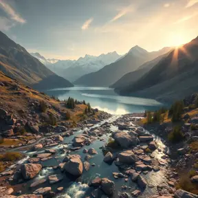 Lake in mountains streams and rivers flow down slopes of mountains and rocks into the valley spring in mountains, 8k, Award-Winning, Highly Detailed, Beautiful, Octane Render, Unreal Engine, Radiant, Volumetric Lighting by Greg Rutkowski