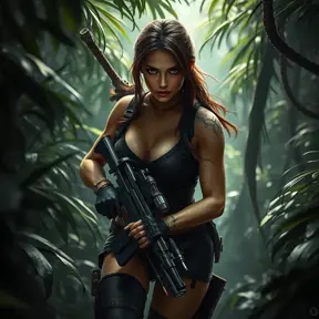 Full body portrait of a beautiful armed Lara Croft emerging from the jungle, Highly Detailed, Intricate, Sharp Focus, Volumetric Lighting, Fantasy, Elegant, Threatening by Greg Rutkowski