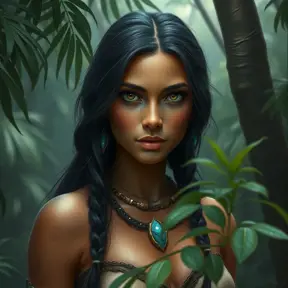 Matte portrait of Disney's Pocohontas in a jungle, Ultra Detailed, Half Body, Beautiful, Matte Painting, Sharp Focus, Portrait, Fantasy by Stefan Kostic