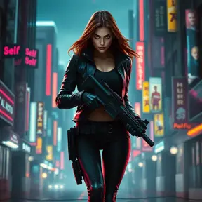 full body shot, armed beautiful woman walking with detailed eyes, dynamic pose, athletic , Cybernatic and Sci-Fi, Cyberpunk, Cityscape, Blade Runner 2049, Neon light effect, Neon, Futurism, Threatening by Stefan Kostic