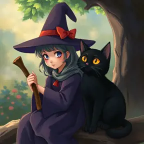 Kiki the witch and Jiji the cat, Highly Detailed, Beautiful, Digital Painting, Anime, Fantasy by Studio Ghibli