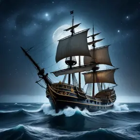 Close up of a Pirate Ship in rough seas on a dark starry night, Intricate, Ultra Detailed, Symmetry, Beautiful, Sharp Focus, Astrophotography, Centered, Volumetric Lighting by Stanley Artgerm Lau