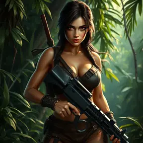 Full body portrait of a beautiful armed Lara Croft in the jungle, Highly Detailed, Intricate, Sharp Focus, Volumetric Lighting, Fantasy, Elegant, Threatening by Stanley Artgerm Lau