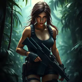 Full body portrait of a beautiful armed Lara Croft emerging from the jungle, Highly Detailed, Intricate, Sharp Focus, Volumetric Lighting, Fantasy, Elegant, Threatening by Beeple