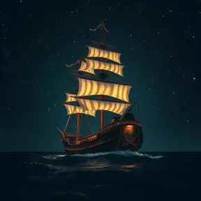 Pirate Ship in high seas on a dark starry night, Intricate, Ultra Detailed, Symmetry, Beautiful, Sharp Focus, Astrophotography, Centered, Volumetric Lighting