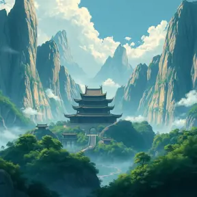 landscape of a large chinese temple in the tall mountains, Highly Detailed, Beautiful, Digital Painting, Anime, Fantasy by Studio Ghibli
