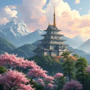 Landscape of a large japanese castle in the tall mountains, with matsu pine trees, with sakura cherry trees, Highly Detailed, Beautiful, Digital Painting, Anime, Fantasy by Studio Ghibli