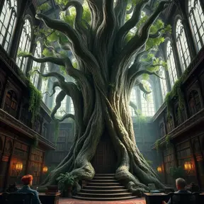 A beautiful giant tree growing in the middle of an ancient victorian library indoors. a door is embedded in the tree, 4k resolution, Hyper Detailed, Pixiv, Trending on Artstation, Vintage Illustration, Hearthstone, Unreal Engine, Volumetric Lighting, Concept Art, Digital Art, Fantasy by Stanley Artgerm Lau, Angela Barrett, WLOP