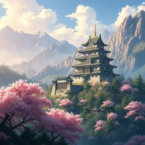 Landscape of a large japanese castle in the tall mountains, with matsu pine trees, with sakura cherry trees, Highly Detailed, Beautiful, Digital Painting, Anime, Fantasy by Studio Ghibli