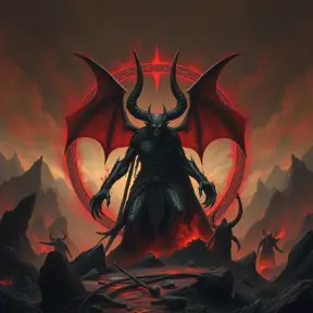 The devil in an Elden ring hellscape, Eldritch, Fantasy, Apocalyptic, Doom, Dreadful, Forbidding, Frightful, Harrowing, Ominous, Shocking, Terrifying, Threatening, Unnerving