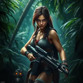 Full body portrait of a beautiful armed Lara Croft emerging from the jungle, Highly Detailed, Intricate, Sharp Focus, Volumetric Lighting, Fantasy, Elegant, Threatening by Stefan Kostic