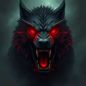 large evil wolf howling, red eyes, big teeth, Eldritch, Fantasy, Apocalyptic, Doom, Dreadful, Forbidding, Frightful, Harrowing, Ominous, Shocking, Terrifying, Threatening, Unnerving