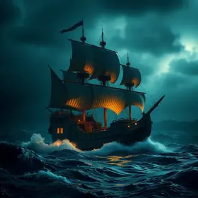 The pirates of Caribbean on the Black pearl pirate ship in rough seas, Volumetric Lighting, Dark