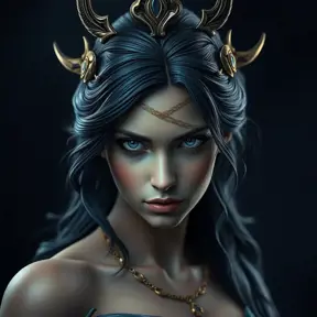 Matte portrait of the beautiful Artemis in dark blue, Highly Detailed, Intricate, Realistic, Sharp Focus, Volumetric Lighting, Fantasy, Elegant by WLOP