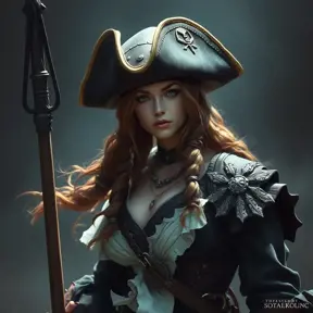 A beautiful female Pirate, Intricate, Half Body, Realistic, Volumetric Lighting, Fantasy, Elegant by Stefan Kostic