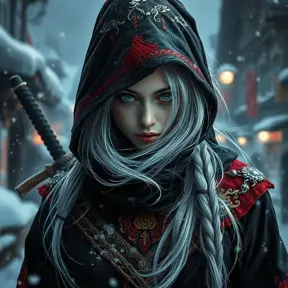 Mysterious beautiful white kunoichi ninja wearing black, red and gold in the streets of a dark snowy town in russia, Intricate Details, White Hair, Photo Realistic by Greg Rutkowski