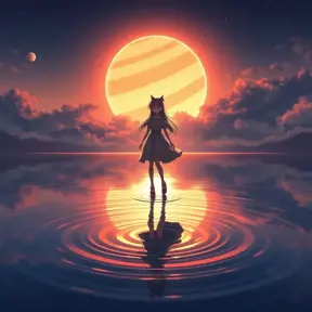 Anime girl walking on water, ripples, backdrop of dawn, saturn in the background, Highly Detailed, Beautiful, Digital Painting, Anime, Fantasy by Studio Ghibli