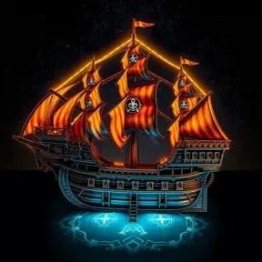 Pirate Ship, Intricate, Ultra Detailed, Symmetry, Beautiful, Sharp Focus, Astrophotography, Centered, Volumetric Lighting by Dan Mumford, Marc Simonetti
