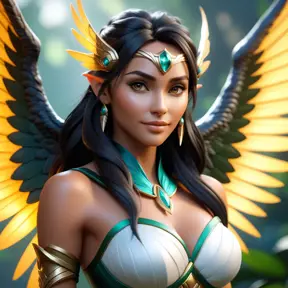 Alluring matte portrait of a beautiful Nidalee with wings, 8k, Highly Detailed, Intricate, Half Body, Realistic, Sharp Focus, Volumetric Lighting, Fantasy, Elegant by Stanley Artgerm Lau, WLOP