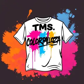 poster graphic for a color run event. On a white t-shirt, with black, pink, blue, orange and purple colors. Text on the shirt should say TMS on top and COLORPALOOZA underneath it. Graffiti feel in a vector style, Poster