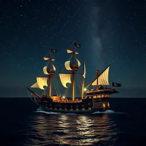 Pirate Ship in high seas on a dark starry night, Intricate, Ultra Detailed, Symmetry, Beautiful, Sharp Focus, Astrophotography, Centered, Volumetric Lighting