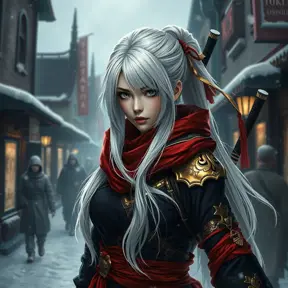 Mysterious beautiful white kunoichi ninja wearing black, red and gold in the streets of a dark snowy town in russia, 8k, Intricate Details, Trending on Artstation, White Hair by Stanley Artgerm Lau