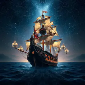 Pirate Ship, Intricate, Ultra Detailed, Symmetry, Beautiful, Sharp Focus, Astrophotography, Centered, Volumetric Lighting by Dan Mumford, Marc Simonetti