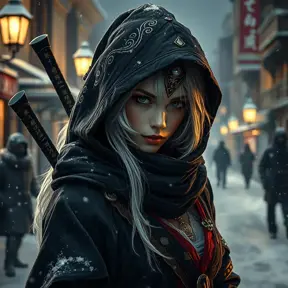 Mysterious beautiful white kunoichi ninja wearing black, red and gold in the streets of a dark snowy town in russia, Intricate Details, White Hair, Photo Realistic by Greg Rutkowski