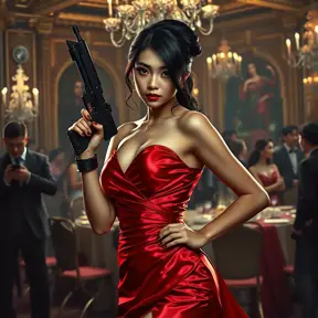 A dangerously armed asian feme fatale in silk red dress at a masquerade ball, Cybernatic and Sci-Fi, Cyberpunk, Sci-Fi