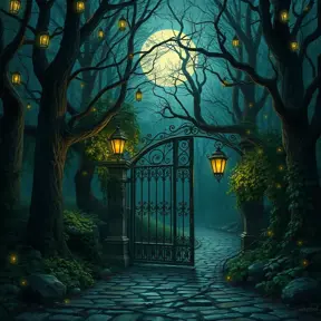 A beautiful digital illustration painting of a detailed gothic fantasy fireflies forest trees and iron gate cobblestone pathway vines full moon, 8k, Artstation, Digital Illustration, Concept Art by Justin Gerard, James Gurney