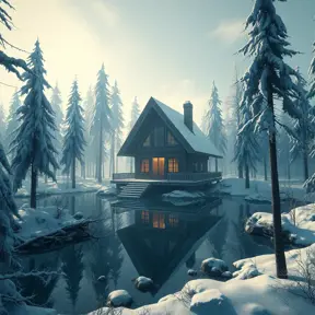 Futuristic cabin in the woods surrounded by a lake in winter, Atmospheric, Highly Detailed, Intricate, Trending on Artstation, Stunning, Realistic, Unreal Engine, Dynamic Lighting, Radiant, Fantasy by Greg Rutkowski