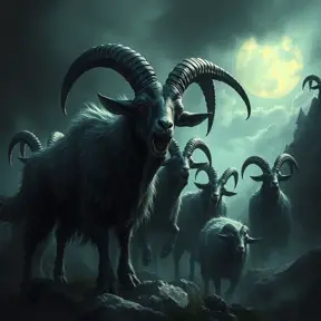 A flock of evil goats monsters, Eldritch, Fantasy, Apocalyptic, Doom, Dreadful, Forbidding, Frightful, Harrowing, Ominous, Shocking, Terrifying, Threatening, Unnerving