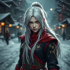Mysterious beautiful white kunoichi ninja wearing black, red and gold in the streets of a dark snowy town in russia, 8k, Intricate Details, Trending on Artstation, White Hair by Stefan Kostic