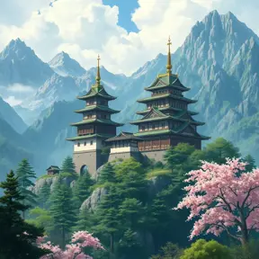 Landscape of a large japanese castle in the tall mountains, with matsu pine trees, with sakura cherry trees, Highly Detailed, Beautiful, Digital Painting, Anime, Fantasy by Studio Ghibli