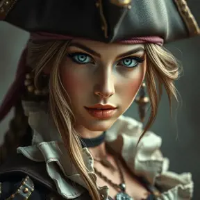 Alluring matte portrait of a beautiful female Pirate, Highly Detailed, Intricate, Half Body, Realistic, Sharp Focus, Volumetric Lighting, Fantasy, Elegant