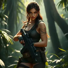Full body portrait of a beautiful armed Lara Croft in the jungle, Highly Detailed, Intricate, Sharp Focus, Volumetric Lighting, Fantasy, Elegant, Threatening by Stanley Artgerm Lau