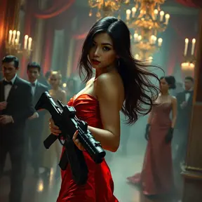 A dangerously armed asian feme fatale in silk red dress at a masquerade ball, Cybernatic and Sci-Fi, Cyberpunk, Sci-Fi by Stefan Kostic