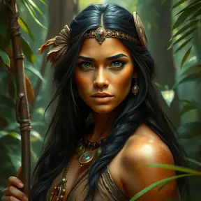 Pocahontas in the jungle, Ultra Detailed, Half Body, Beautiful, Matte Painting, Sharp Focus, Portrait, Fantasy by Stefan Kostic