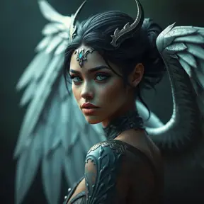 Alluring matte portrait of a beautiful Nidalee with wings, Highly Detailed, Intricate, Half Body, Realistic, Sharp Focus, Volumetric Lighting, Fantasy, Elegant by Stanley Artgerm Lau