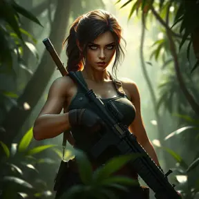 Full body portrait of a beautiful armed Lara Croft in the jungle, Highly Detailed, Intricate, Sharp Focus, Volumetric Lighting, Fantasy, Elegant, Threatening by Stanley Artgerm Lau