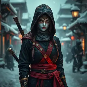 Mysterious beautiful white kunoichi ninja wearing black, red and gold in the streets of a dark snowy town in russia, Intricate Details, Photo Realistic