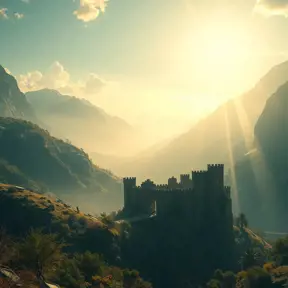 A beautiful medieval castle ruins in the mountains, forgotten valley, wide shot, horizon, sunrays, 4k resolution, Atmospheric, Hyper Detailed, Trending on Artstation, Sunny Day, Golden Hour, Volumetric Lighting, Concept Art, Digital Art, Fantasy by Shinji Aramaki, Posuka Demizu