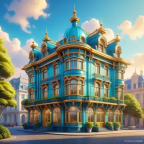 art nuveau exterior fantasy colorful building office space futuristic rococco baroques victorian, Highly Detailed, Masterpiece, Vintage Illustration, Cinematic Lighting, Photo Realistic, Sharp Focus, Smooth, Digital Art, Vector Art, Soft by Stanley Artgerm Lau