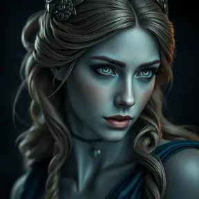Matte portrait of the beautiful Artemis in dark blue, Highly Detailed, Intricate, Realistic, Sharp Focus, Volumetric Lighting, Fantasy, Elegant by Stanley Artgerm Lau