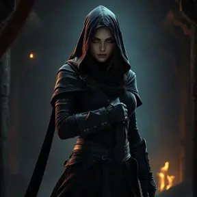 Full body matte portrait of a beautiful veiled armed female Assassin in a dungeon, Gothic and Fantasy, Volumetric Lighting, Fantasy, Threatening by Stefan Kostic